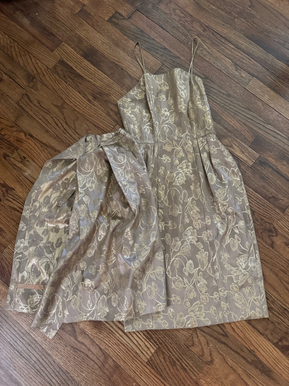 Metallic Floral Spaghetti-Strap Dress in Champagne